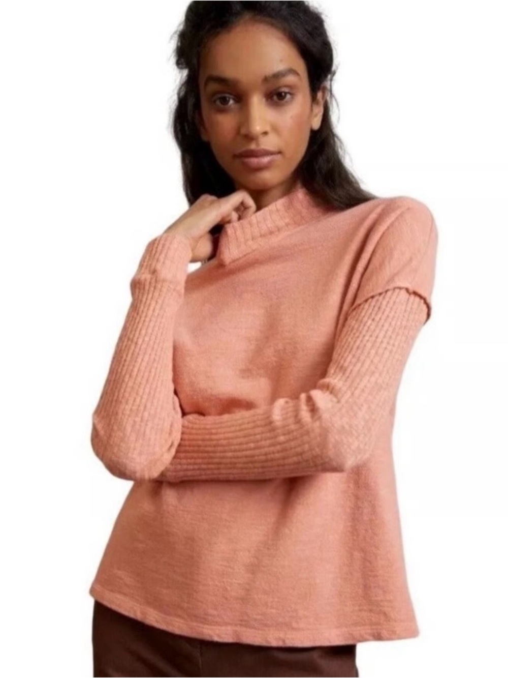 Anthropologie Amadi Coral Exposed Hem Long Sleeve Cotton Mock Neck Top Small